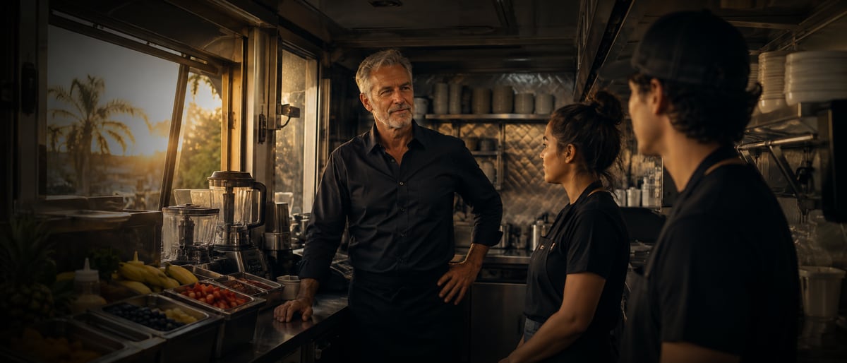 Food truck owner briefing two crew members before service