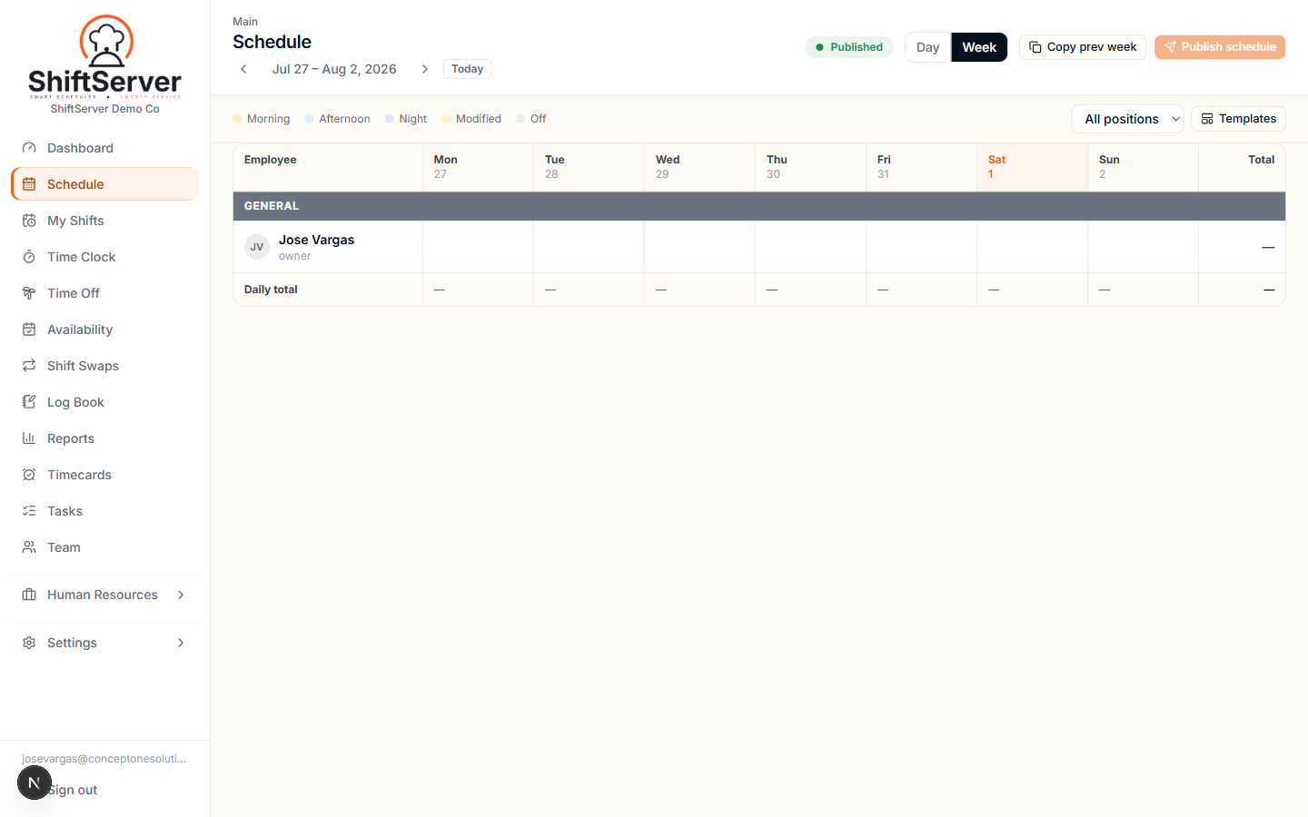 ShiftServer schedule builder — weekly view with employee rows, shift templates, and publish button