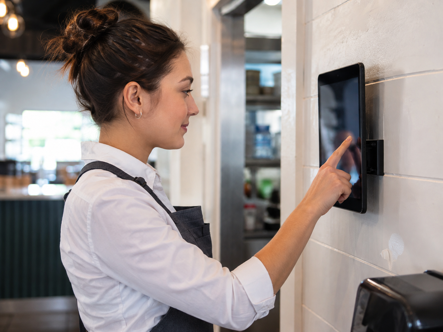 Employee clocking in on a tablet